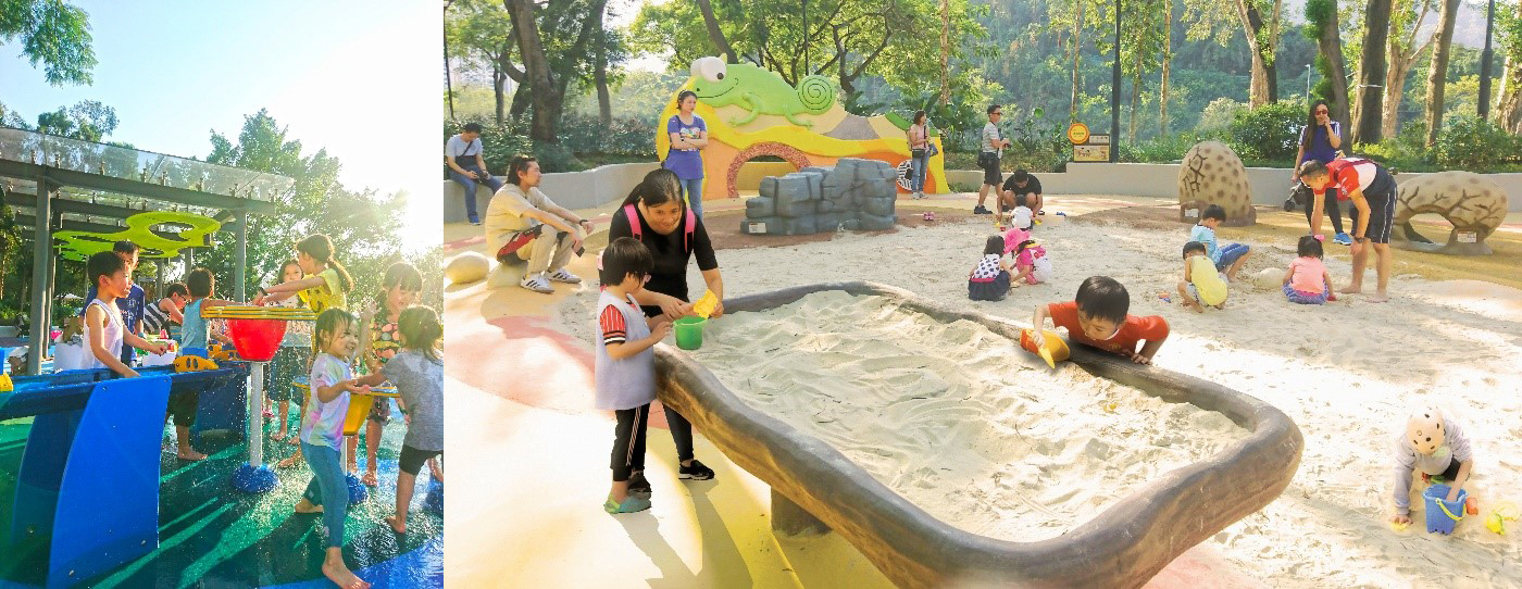 游乐场引入了水和沙两大自然元素，为小朋友提供感官和社交游乐体验。嬉水区和沙池开放至今，游人络绎不绝。